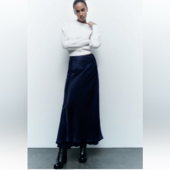 Zara Satin High Waist Midi Skirt in Navy Blue - Picture 1 of 5
